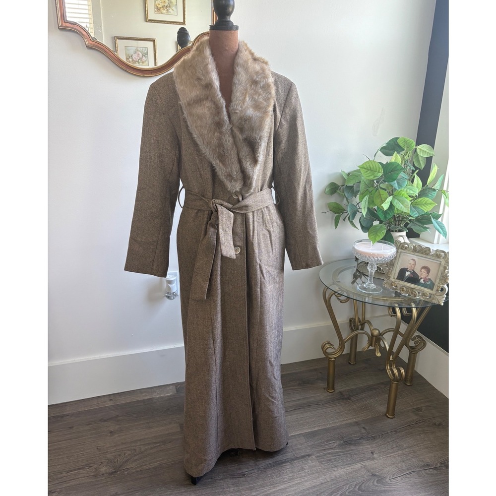 Vintage Eric Ryan‎ Sport Tweed Maxi Coat Faux Fur Collar Brown Size 10